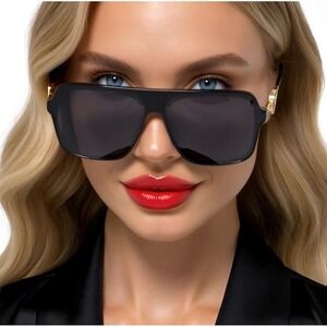 WomenSunglasses Outdoor Square Dark Black Lens UV400 Style Aviator Flat Top Gold